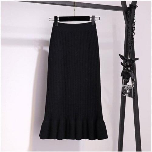WOMEN Solid Autumn Winter All-match Knitted Skirt Mid-Calf & Knee-Length Knit Skirt Warm Knitting Black Mermaid Skirts Y998