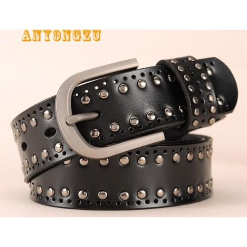 ANYONGZU Women Rivet Belt Fashion Pin Buckle Retro Leisure Hollow All Over Matching Jeans Leather around Black 105CM Gift