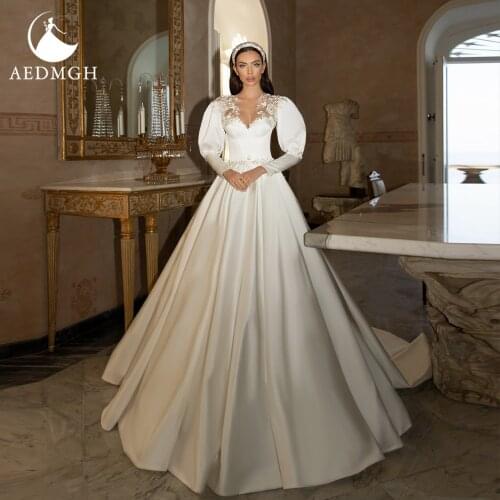 Aedmgh Satin Wedding Dresses 2021 Sweetheart Lantern Sleeve Vestido De Novia A-Line Chapel Train Beading Pearls Bridal Gowns