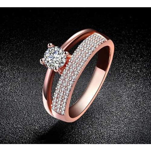 Double-deck Crystals Ring Rose Gold Color anelli Flower Ring bague Engagement anillos anel Rings for Women wedding ring