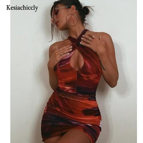 Kesiachiccly 2021 Spring Summer Print Short Sexy dress Hollow Out Backless Bodycon Dress Party Night Club Mini Dress Vestidos