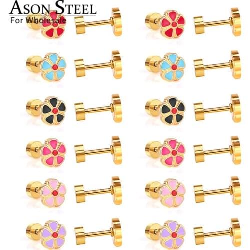 ASONSTEEL Flower Earrings Ear Piercing Stainless Steel 12pairs/Lots Colorful Wholesale Screw Dangler Sets Party Friend Gift