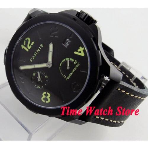 44mm Parnis ST2530 automatic mens watch pvd case power reserve display sapphire glass luminous hands black