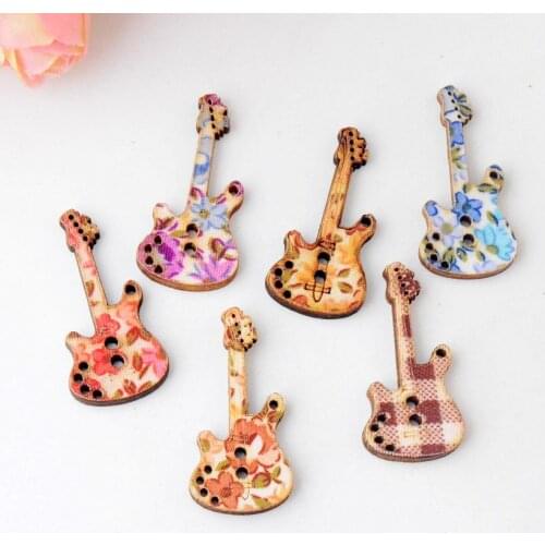 Free Shipping 50Pcs Random Mixed Lovely 2 Holes Guitar Wood Buttons Sewing Scrapbooking 34x12mm