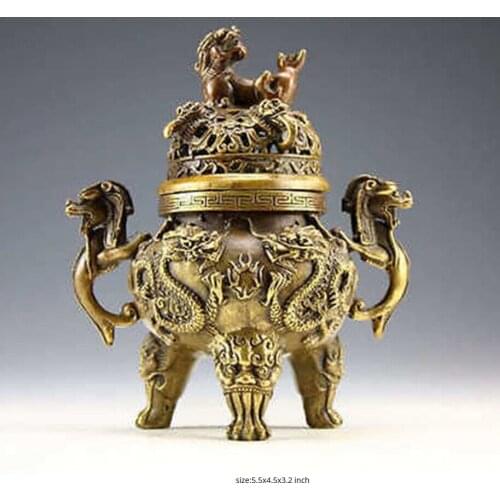 Free shipping China Rare Copper Dragon Tiger Incense Burner