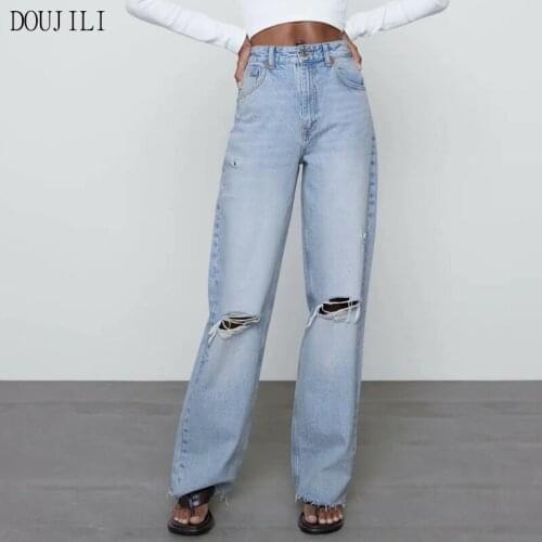 DOUJILI Fashion Women Jeans Pants Middle Waist Pocket Zipper Hollow Hole Loose Leg Long Pants Autumn Spring Style