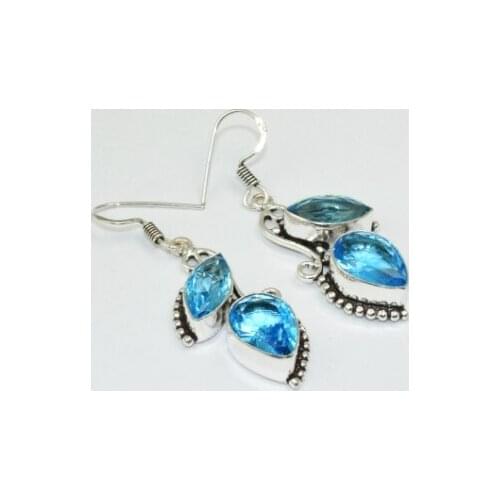 Blue Topas , 51 mm, Silver Overlay on Copper Earrings, E1616