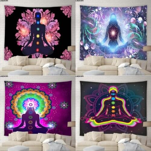 Indian Buddha Statue Meditation 7 Chakra Tapestry Wall Hanging Mandala Floral Psychedelic Yoga Cloth Living Room Bedroom Decor