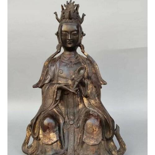 12" China Old collection Ming Yongle bronze Opening Jiu Tian Xuan Nv statue