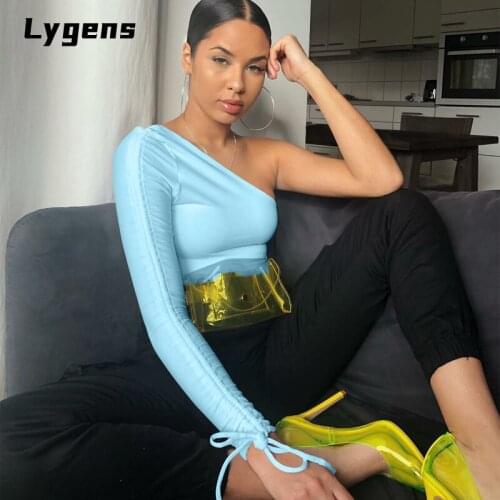 Lygens 2021 Autumn Winter Women Solid One Shoulder Long Sleeve Drawstring Ruched Crop Top Bodycon Sexy Streetwear Clothes
