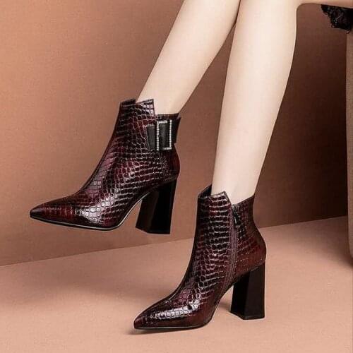 2020 New High Heeled Short Boots,Women Faux Patent Leather Winter Shoes,Pointed toe, Rhinestone Buckle, Female Footware BLACK