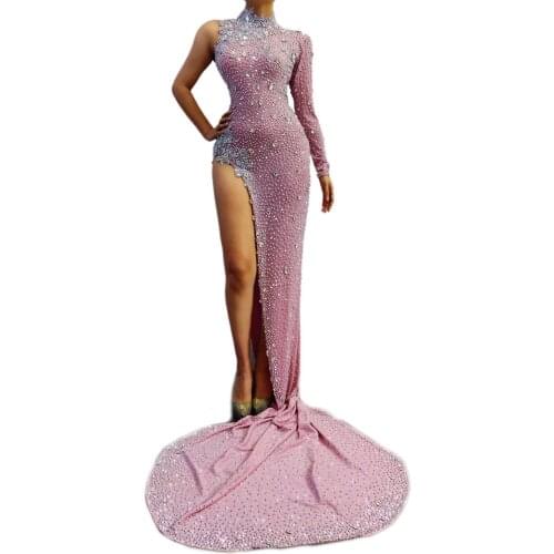 2020 New Style Rhinestones Pink Long Tail Dress Birthday Celebrate One Sleeve Dress Evening Bar Women Singer Dancer Dress