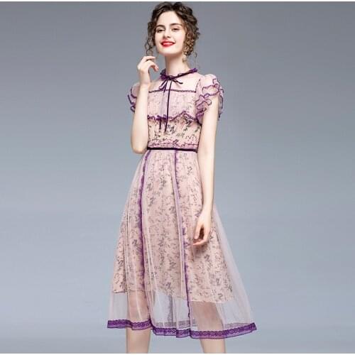 New Gauze Dress Summer Women 2021 Elegant Fashion O-Neck Empire Waist Belt Ruffles Patchwork Printing Slim A-Line Dresses