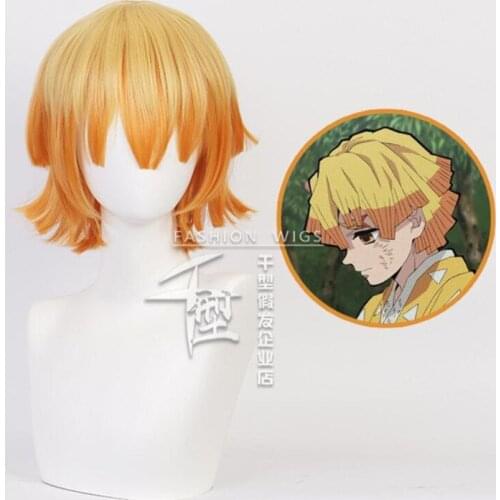 Demon Slayer Agatsuma Zenitsu Kamado Nezuko Wigs Kimetsu no Yaiba Cosplay Wigs Golden Short Hair Kochou Shinobu free shipping
