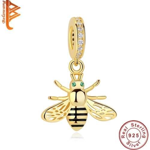 Authentic Real 925 Sterling Silver Black Enamel Honey Bee Charm Bead Fit Original Pandora Bracelet Necklace DIY Gold Jewelry
