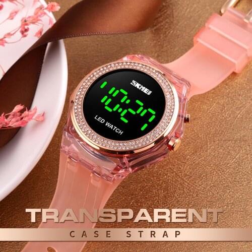 SKMEI Led Digital Watches Women Fashion Diamond Ladies Girls Women Wristwatch Waterproof Transparent PU Strap Watch Reloj Mujer