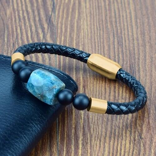 Unique Blue Series Landscape Natural Stone Beaded Stainless Steel Bracelets Mens Genuine Leather Braided Handmade Bracelet