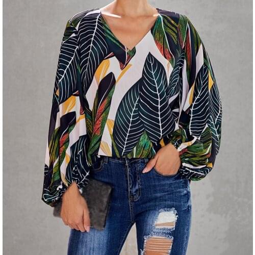 Casual Women V Neck Blouse Shirt Elegant Print Female Tops Spring Autumn Long Sleeve Splicing Loose Pullover Blouse