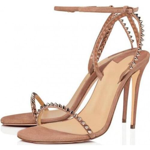 Women Sandal One Word Buckle Rivet Stiletto Heel Womens Shoes Genuine Leather Suede High Heels Sandals Thin Heels Pumps Shoe