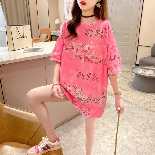 QRWR Women T Shirts 2021 Korean Summer O Neck Letter Print Preppy Style Womens Top Casual Short Sleeve Straight T Shirt