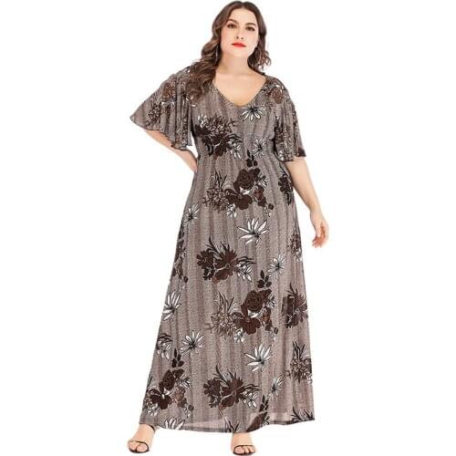 Plus Size Dress Summer 2021 Women V Neck Flare Short Sleeve Floral Print Vintage Dress Elastic High Waist Tunic Beach Dresses
