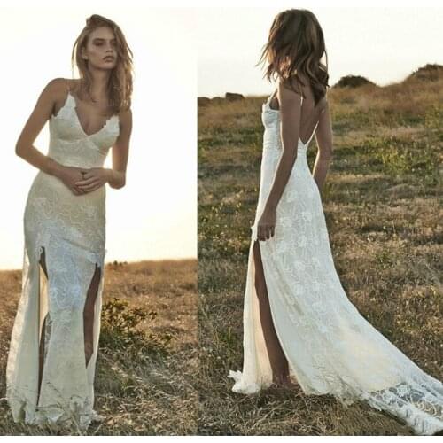 Boho Wedding Dress Lace Sexy High Split Spaghetti Straps 2021 Summer Beach Wedding Bridal Gowns Bohemian Robe de Mariee