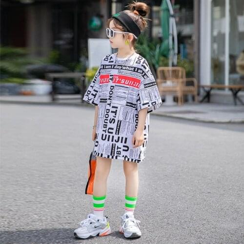 2020 Summer girls t shirt Baby long teen kids dress Children streetwear clothes newspaper full letter print 4 to 14 yrs