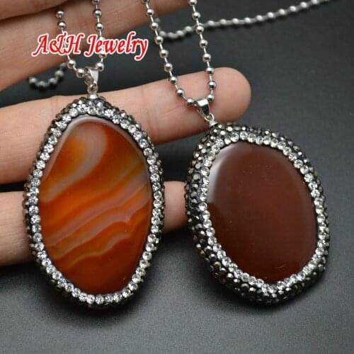 5pcs Natural Red Stone With Rhinestone Paved Around Fashion Women Pendant 20'' Stainless Steel Chain Necklace