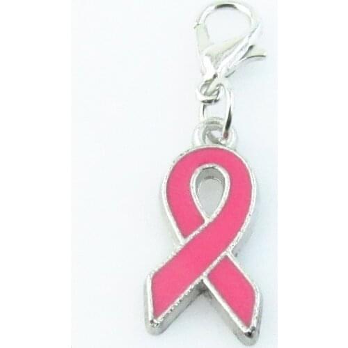 50pcs Breast Cancer Awareness Pink Enamel Ribbon Charms Pendant With Lobster Clip For DIY Bracelet & Necklace Jewelry