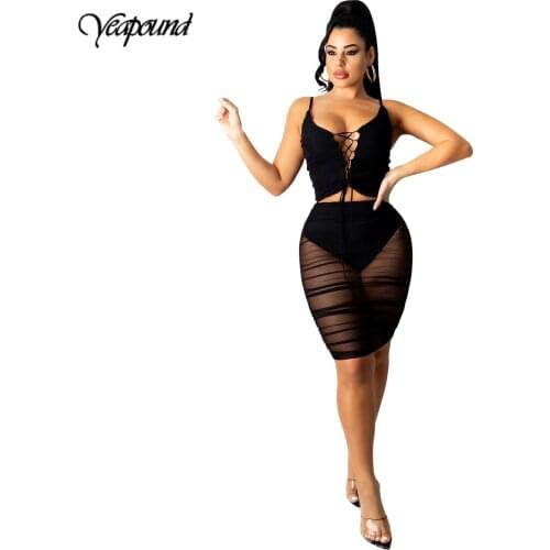 Bandage Solid Ruched Two Piece Set Women Summer Party Clubwear Drawstring Skirt Backless Vest Top Matching Set Lace Up Outfits