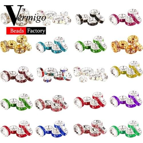 50pcs Silver Rose Gold Metal Rhinestone Rondelle Crystal Beads For Jewelry Making 4/6/8/10mm Spacer Beads Diy Bracelet Accessory
