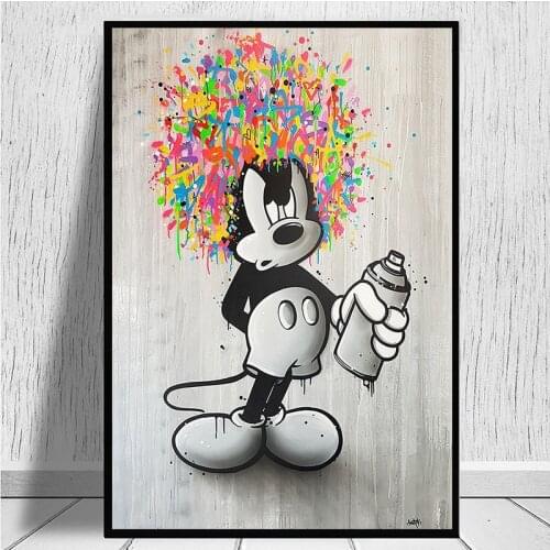 Black and White Cartoon Mickey Mouse Graffiti Art Canvas Poster and Prints Creative Pictures Wall Art for Living Room Decor