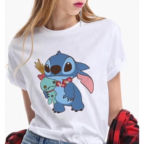 Disney Stitch Cartoon T-shirts For Women Lady S-3XL Summer Female T-shirts White O-neck Ohana Stitch Hot Tees T-shirts