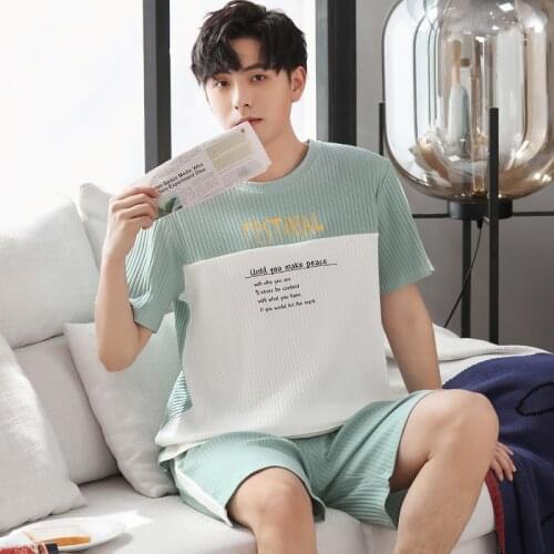 Summer Men Pajamas Set Fashion Cool Green Patchwork Letter Print Sleepwear 2021 New Casual Plus Size Short Sleeve Male Nightwear