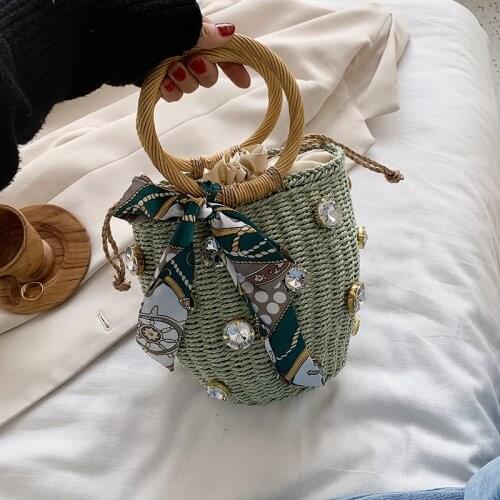 New Handmade Straw Rhinestone Crystal Embellished Small Straw Bucket Bag Ladies Travel Wallet and Handbag Brand Designer Handbag