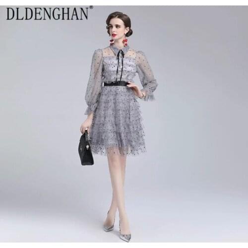 DLDENGHAN Runway Designer Autumn Dress Women Peter pan Collar Flare Sleeve Dot Embroidery Crystal Button Mesh Dresses
