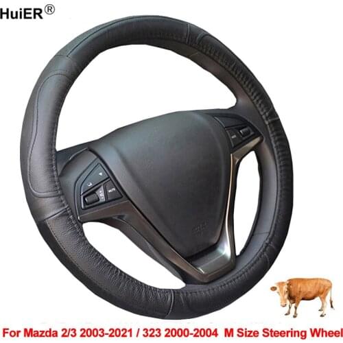 Cow Leather Car Steering Wheel Cover Wrap For Mazda 2 3 2003 - 2021 323 2000 - 2004 M Size Braid on the Steering wheel Stuurhoes