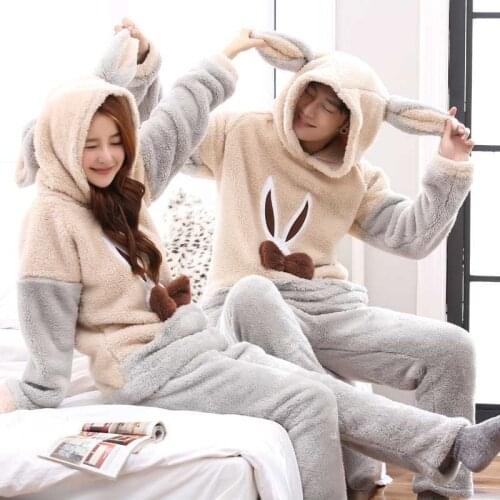 Unisex Adult Couple Pajamas Men Winter Velvet Sleepwear 2 Pieces Warm Flannel Pajamas Suit Set Animal Cartoon Cute Home Clothes