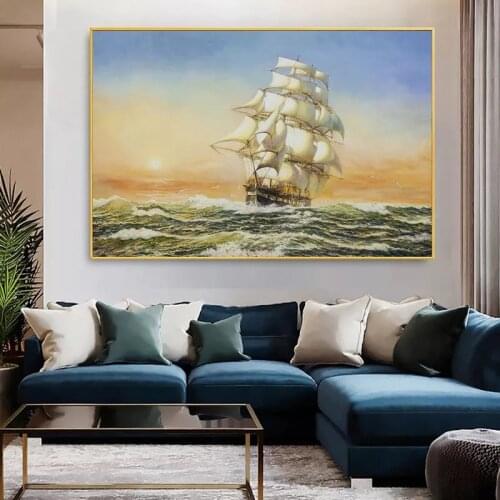 Smooth Sailing Hand-Painted Art Poster The Waves Book Sailboat Sailor Picture Canvas painting Modern Mural Wall Bedroom Decor