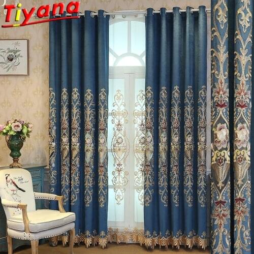 Luxurious Three-Dimensional Embroidery Tulle Curtains for Living Room Premium Flowers Blue Blackout Window Drapes for Bedroom*VT