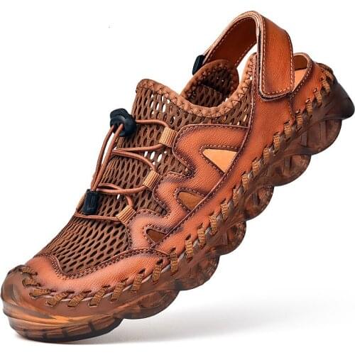 Summer Genuine Leather Mens Sandals Handmade Classic Men Slippers Walking Beach Sandalias Outdoor Men Roman Sandals Size 38-46