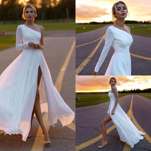 Chiffon Свадебное Платье Long Sleeve Wedding Dresses 2021 Slit Bride Dress A-line Bridal Gowns Pearls Robe De Soirée De Mariage