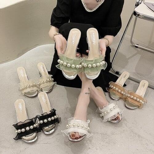 High Heels Slippers Pearls Dress Shoes Cute Clear Transparent Heeled Lace Slides String Bead Ladies Shoes zapatos mujer 9146N