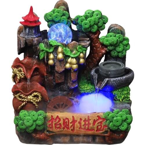 Resin Water Flowing Rockery Fountain Garden Micro Landscape Decor Led Light Fengshui Ball Good Luck Ornament Air Humidifier