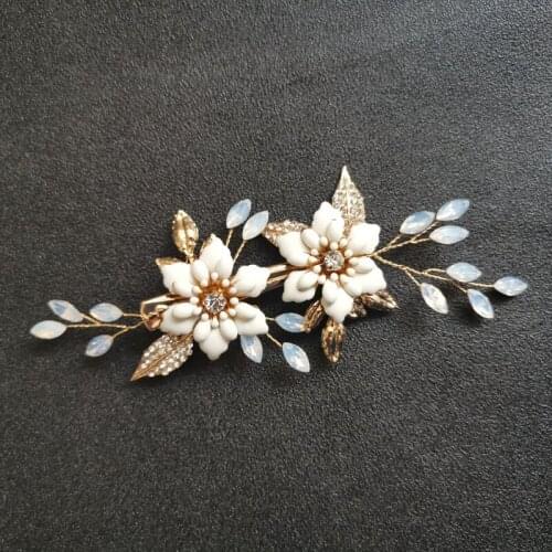 SLBRIDAL Handmade Golden Crystal Rhinestone Floral Wedding Hair Clip Barrettes Bridal Headdress Hair Accessories Women Jewelry