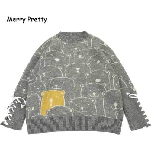 MERRY PRETTY Womens’ Cartoon Bear Embroidery Harajuku Knitted Sweaters 2020 Winter Thick Warm Jacquard Sweater Knit Pullovers