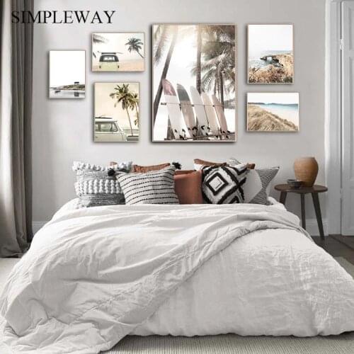 Tropical Summer Sea Beach Travel Poster Print Sunset Coconut Surfboard Car Canvas Art Painting Seascape Picture Wall Decoration