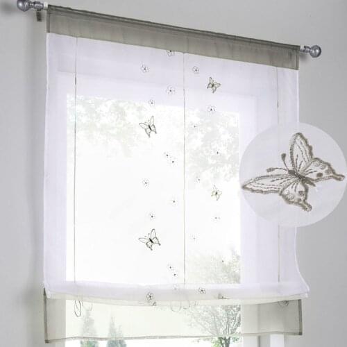 Butterfly Embroidered Roman Finished Curtain Gray Curtain Blinds For Kitchen Height Liftable Gauze Small Coffee Curtain T157#4