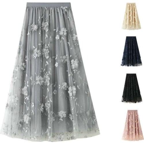2020Summer Long Tulle Skirt For Women Casual Loose High Waist Breathable 3D Flower Embroidery Midi Swing Skirt Beachwear