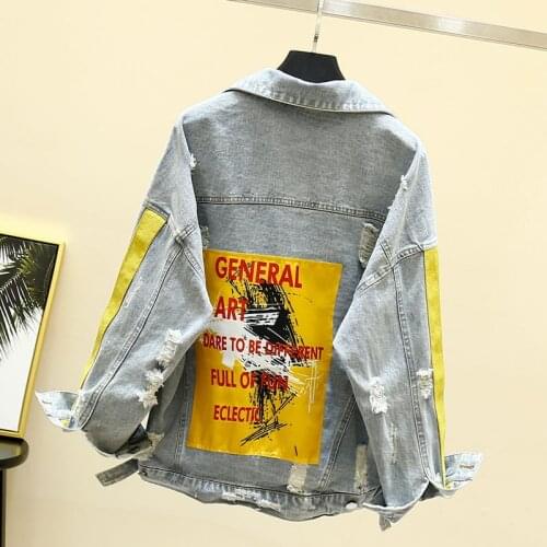 2020 New Autumn Denim Jacket Women Basic Coat Casual Patchwork Jeans Jacket Loose Holes Female Overcoat Outwear Plus Size P817